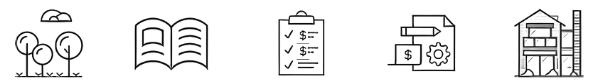 Five black outline icons: trees and cloud; an open book; a checklist on a clipboard; a paper, pencil, dollar sign, and gear; and a house with ruler—reflecting the attention to detail seen in John Elpers homes—set against a light background.