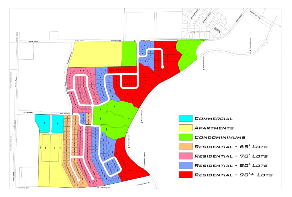 Color-coded residential site plan showing streets and lots, with areas for commercial, apartments, condominiums, and 65-, 70-, 80-, and 90+ foot lots.