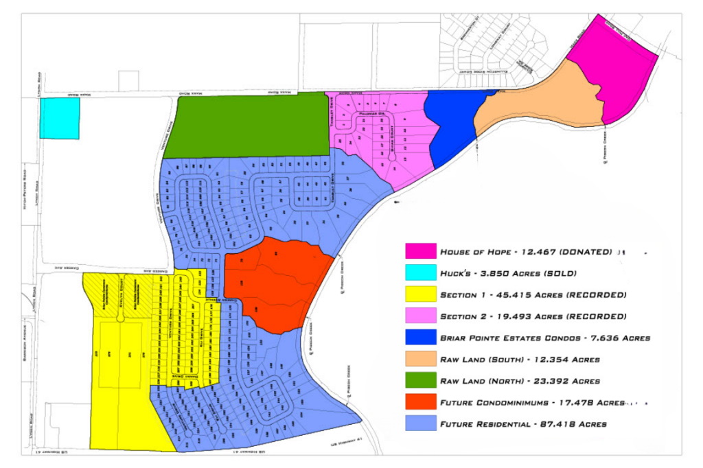 Color-coded land-use map showing residential, commercial, park, and raw land parcels, with roads, lot layouts, acreage labels, and legend.