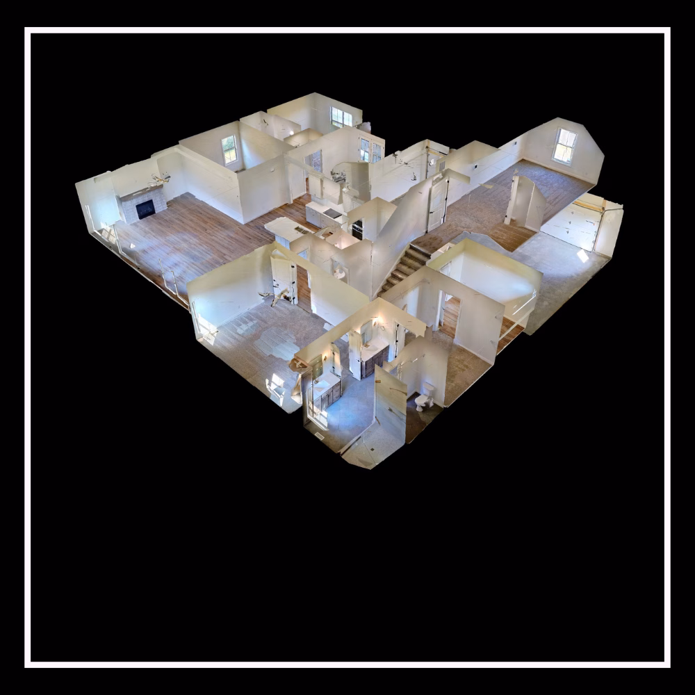 Dollhouse-style 3D cutaway of a bright multi-room home, showing bedrooms, living areas, bathrooms, hallways, and stairs against black.