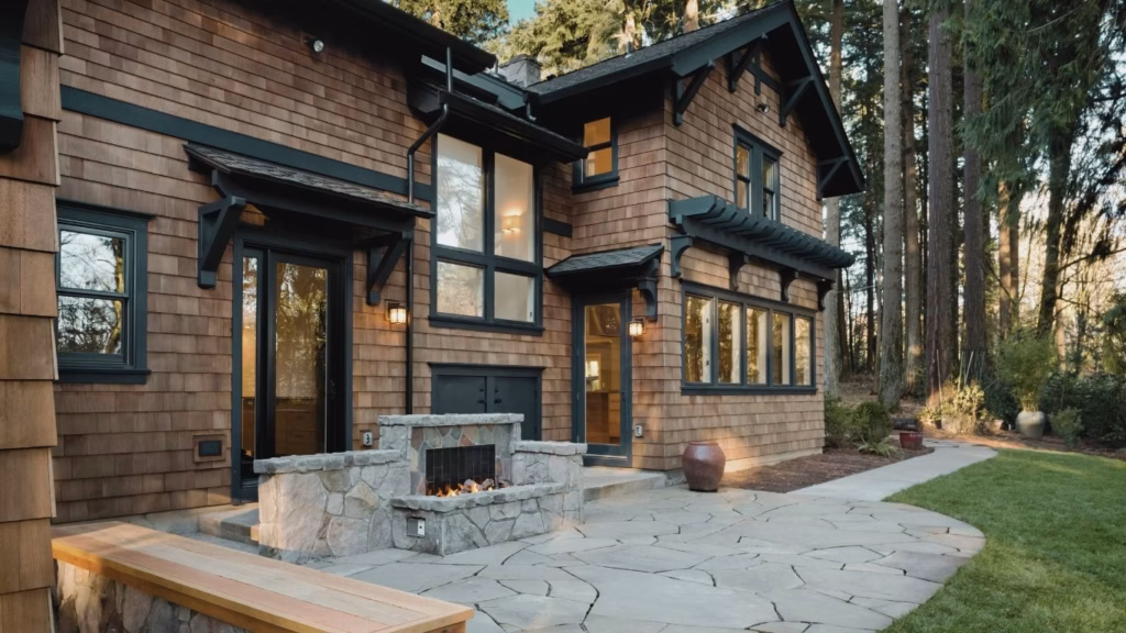 Rustic cedar-shingled mountain home with stone fireplace, covered entry, warm windows, and a peaceful flagstone patio beside tall trees.
